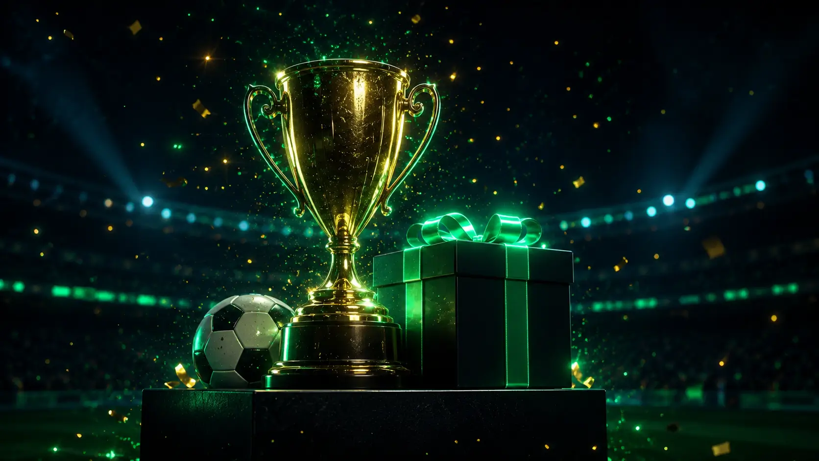 Gold trophy flanked by gift boxes and a football under stadium confetti — Bonus of the Month