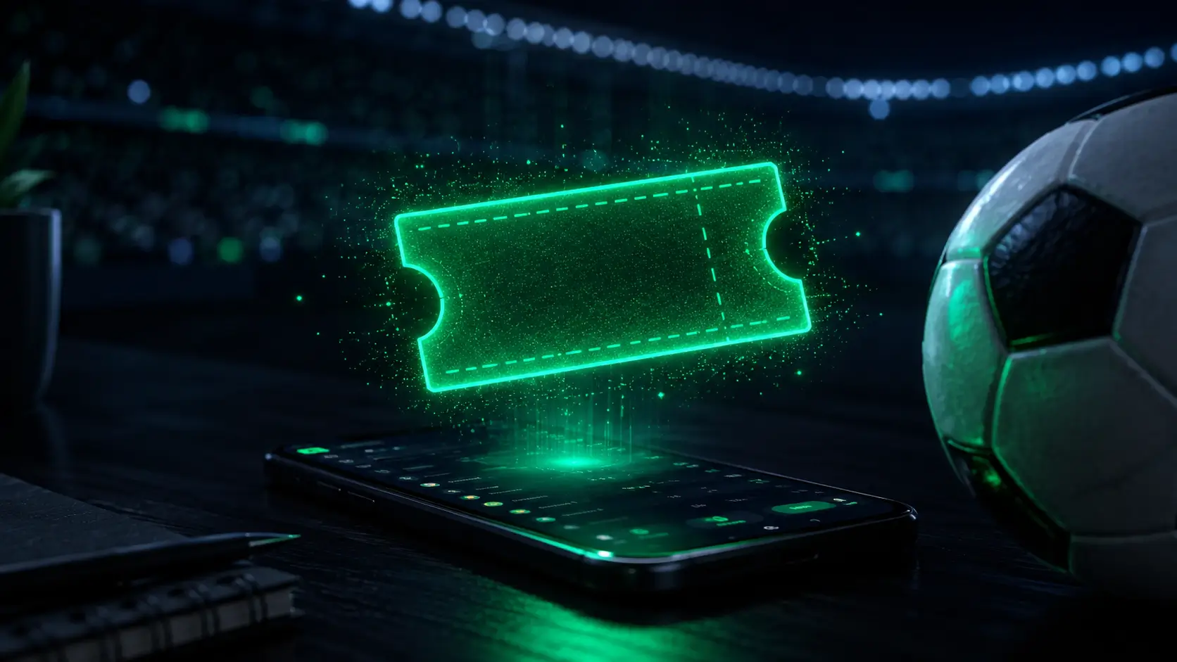 Glowing green free-bet ticket hovering over a betting app with a football at the stadium