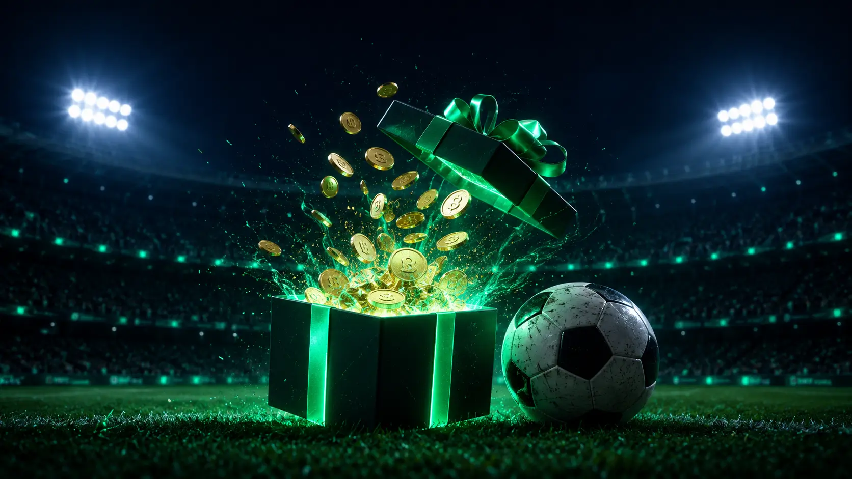 Green gift box bursting with bonus coins beside a football on a floodlit night pitch