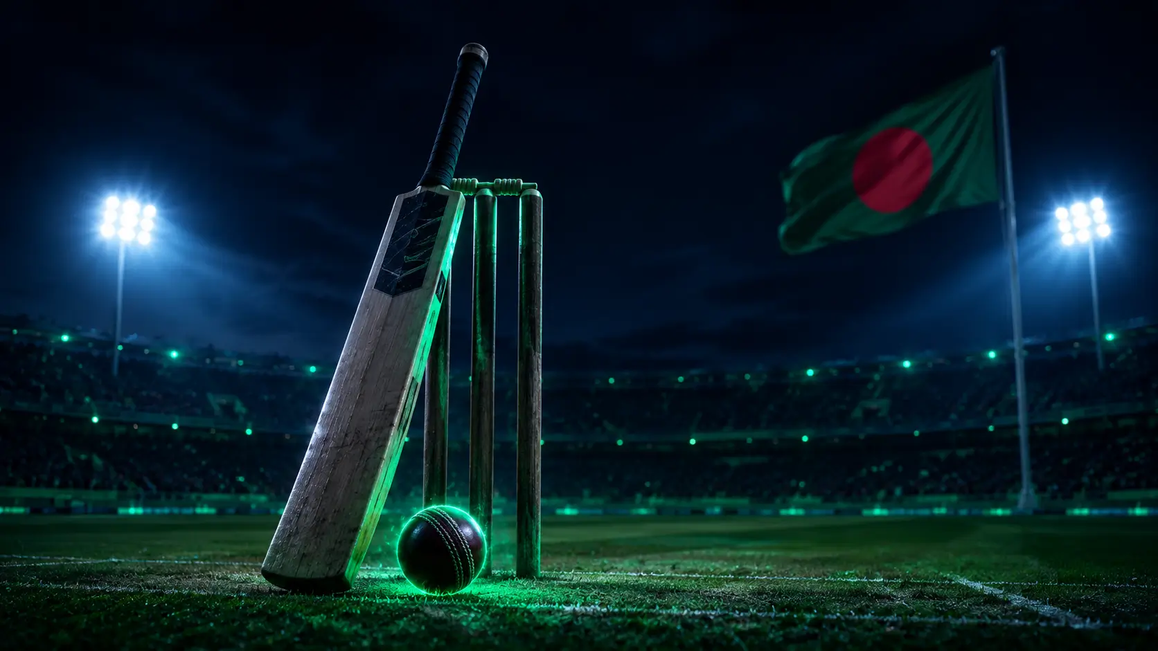 Cricket bat, stumps and ball under stadium floodlights with the Bangladesh flag — betting in Bangladesh