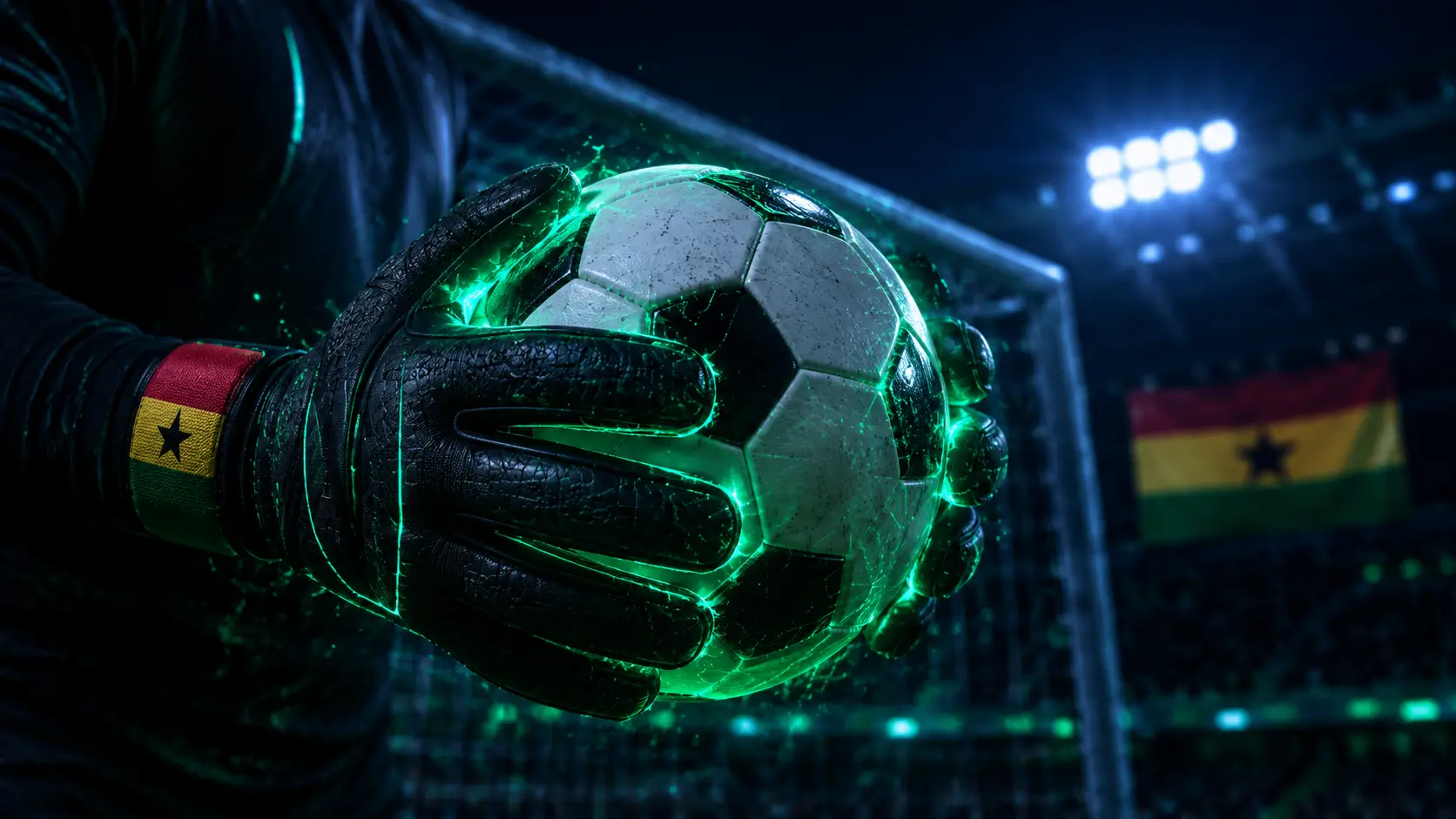Goalkeeper gloves gripping a football with the Ghana flag — betting in Ghana