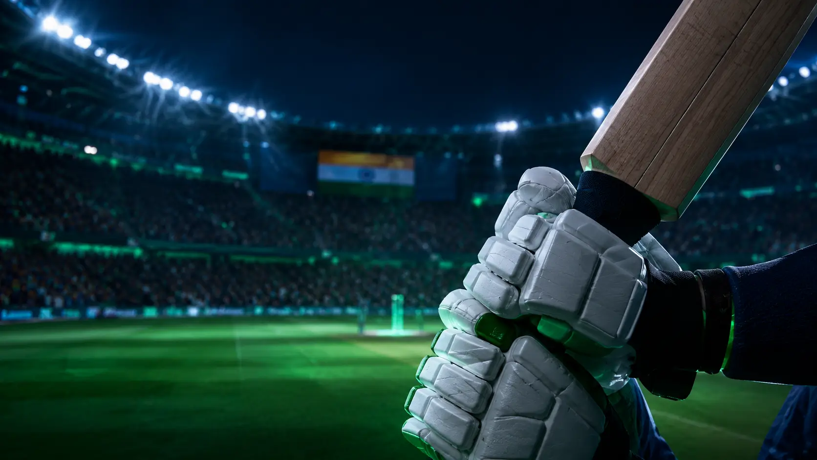 Cricket batsman at the crease under floodlights with the Indian flag — betting in India