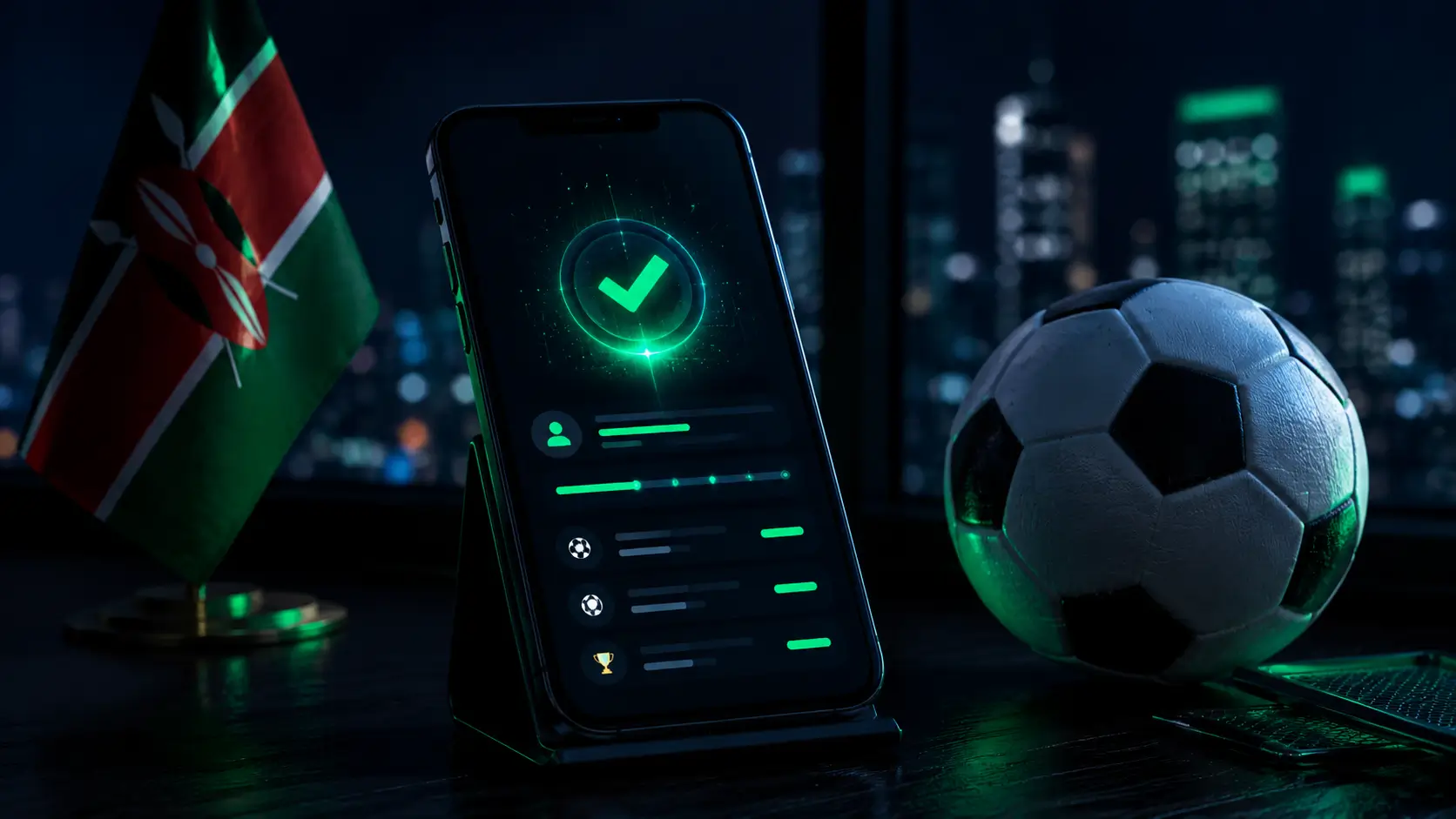 Betting app beside a football and the Kenyan flag over the city skyline — betting in Kenya
