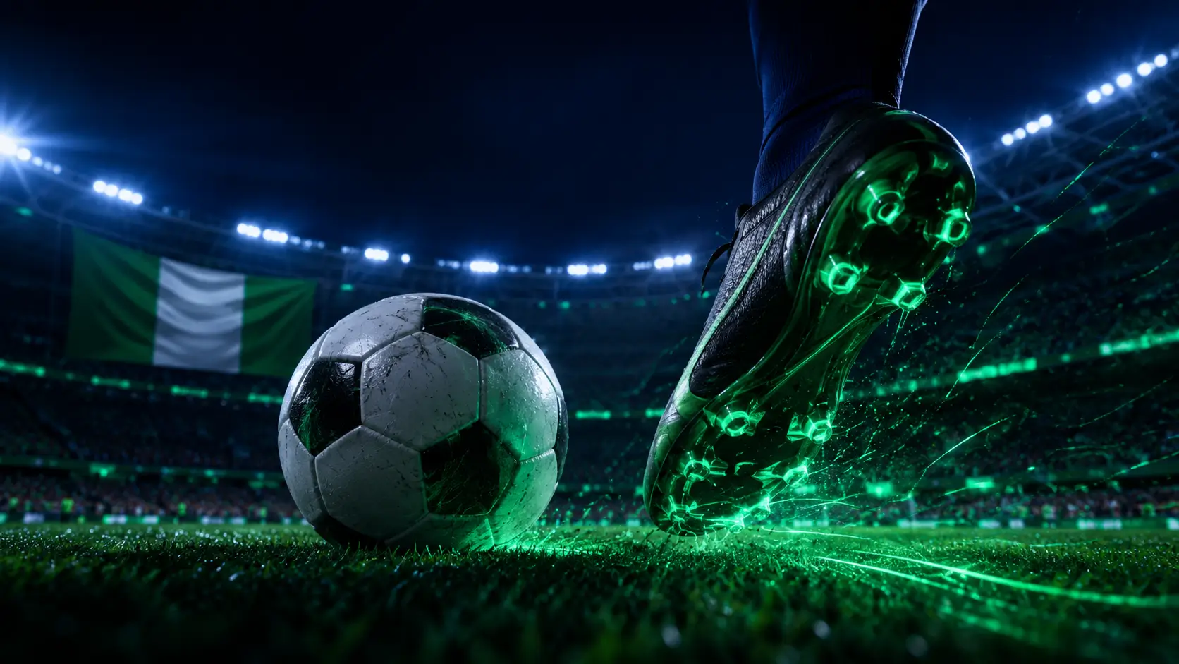 Football boot on the ball under green stadium lights with the Nigeria flag — betting in Nigeria