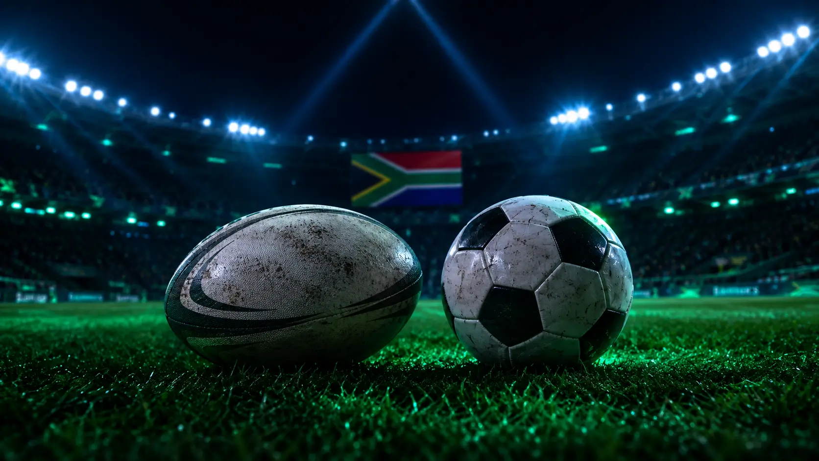 Rugby ball and football side by side on the pitch with the South African flag — betting in South Africa
