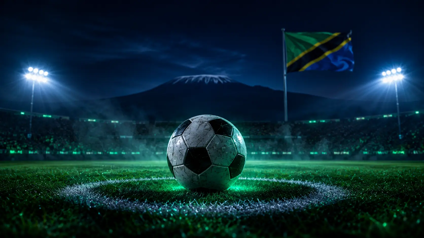 Football on the centre circle beneath Mount Kilimanjaro with the Tanzania flag — betting in Tanzania