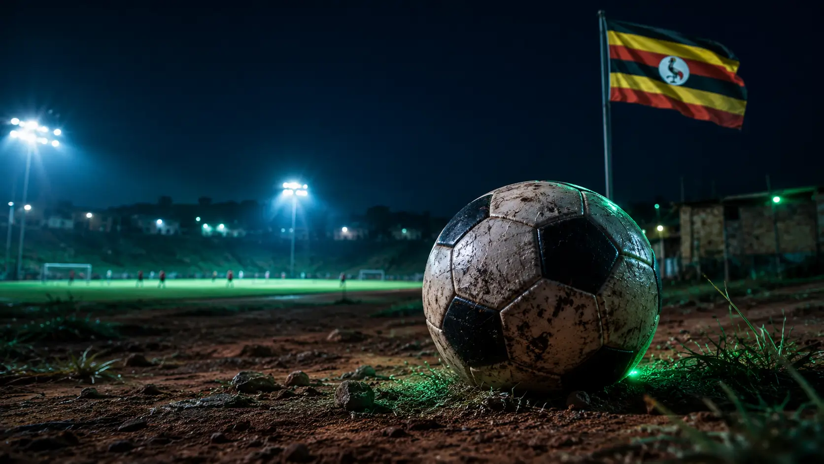 Football on a red-earth pitch with the Uganda flag under floodlights — betting in Uganda