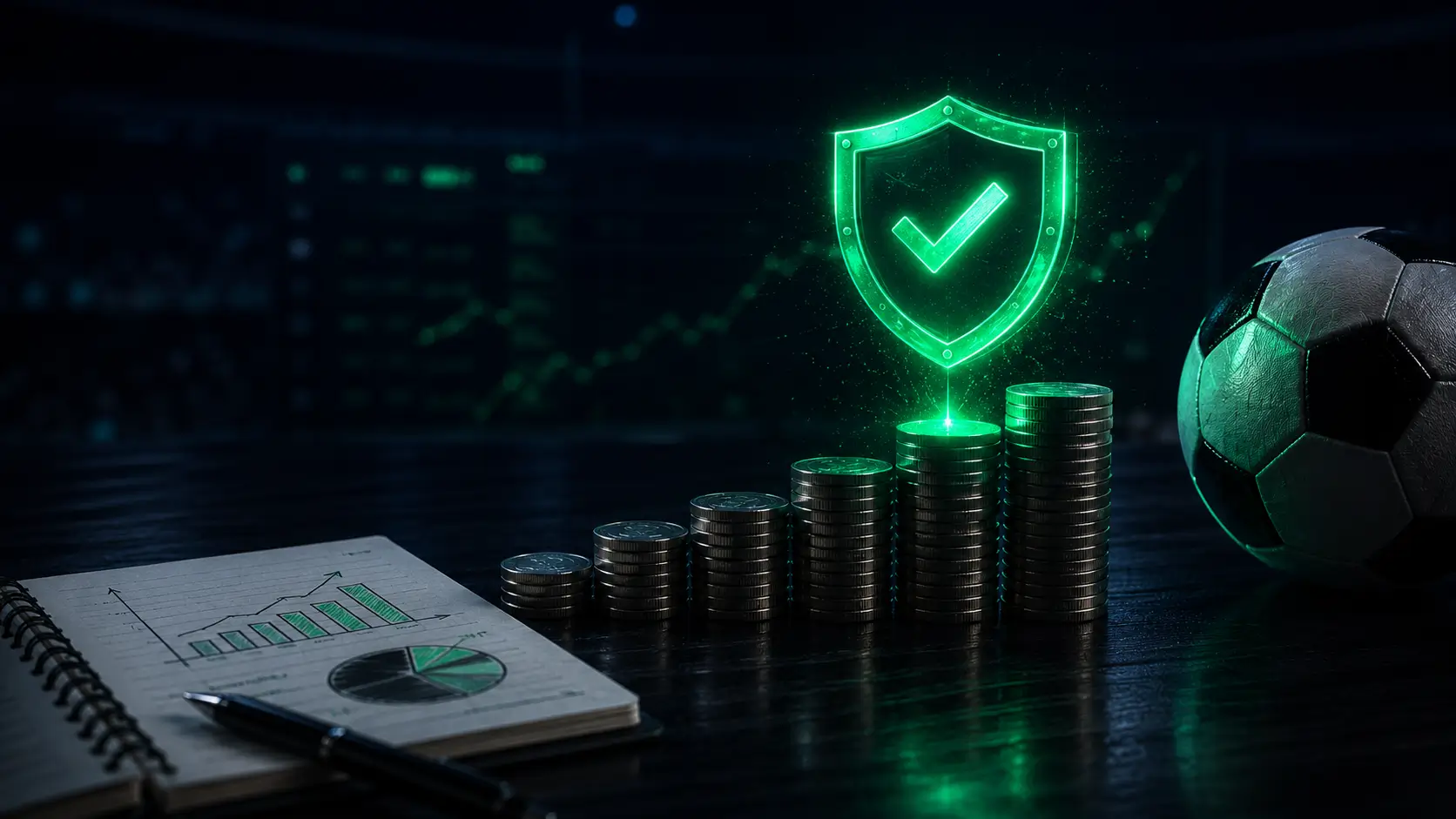 Coin stacks with a shield check and betting notebook — bankroll management
