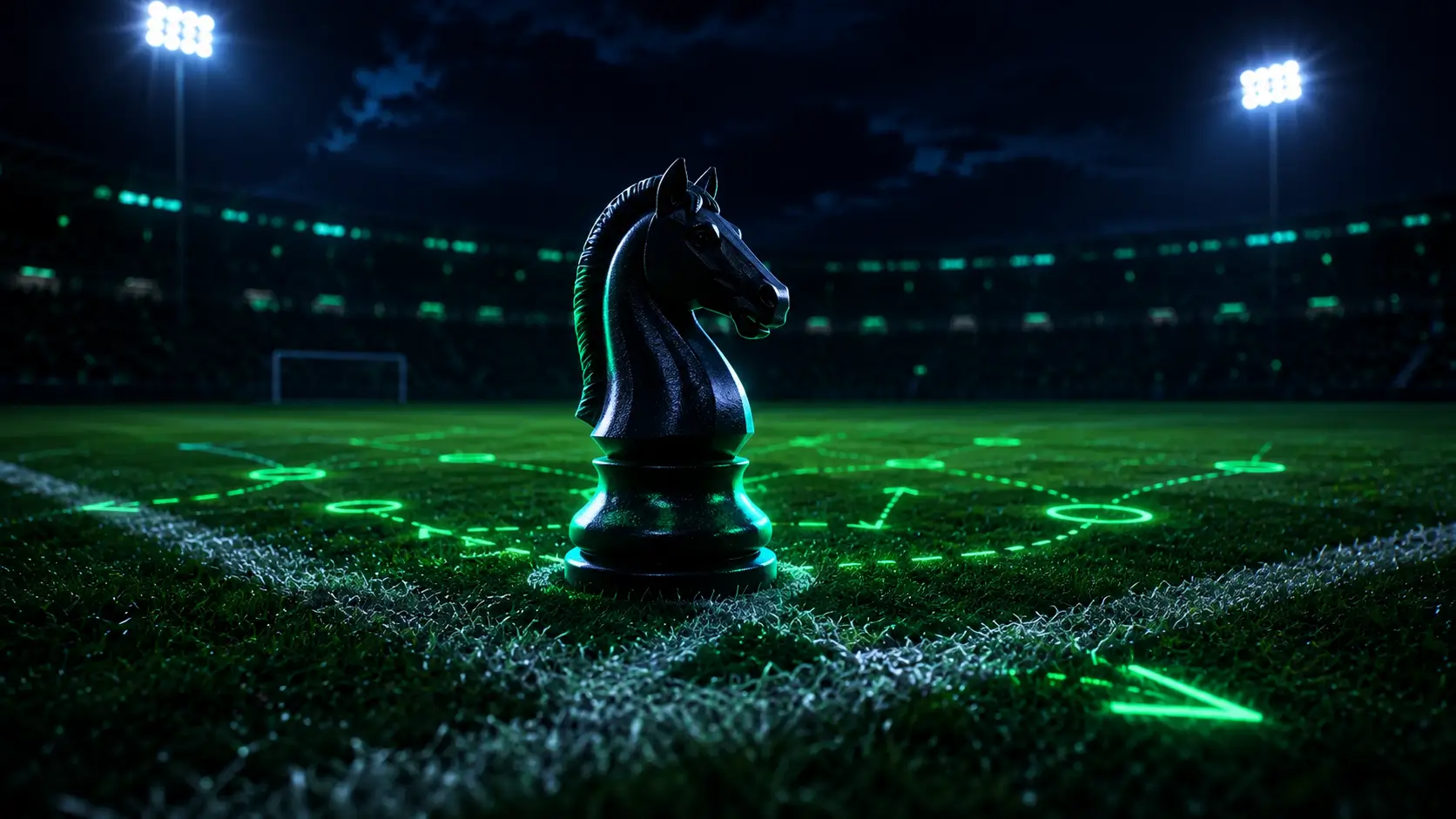 Chess knight on a glowing tactics pitch — betting strategy concept