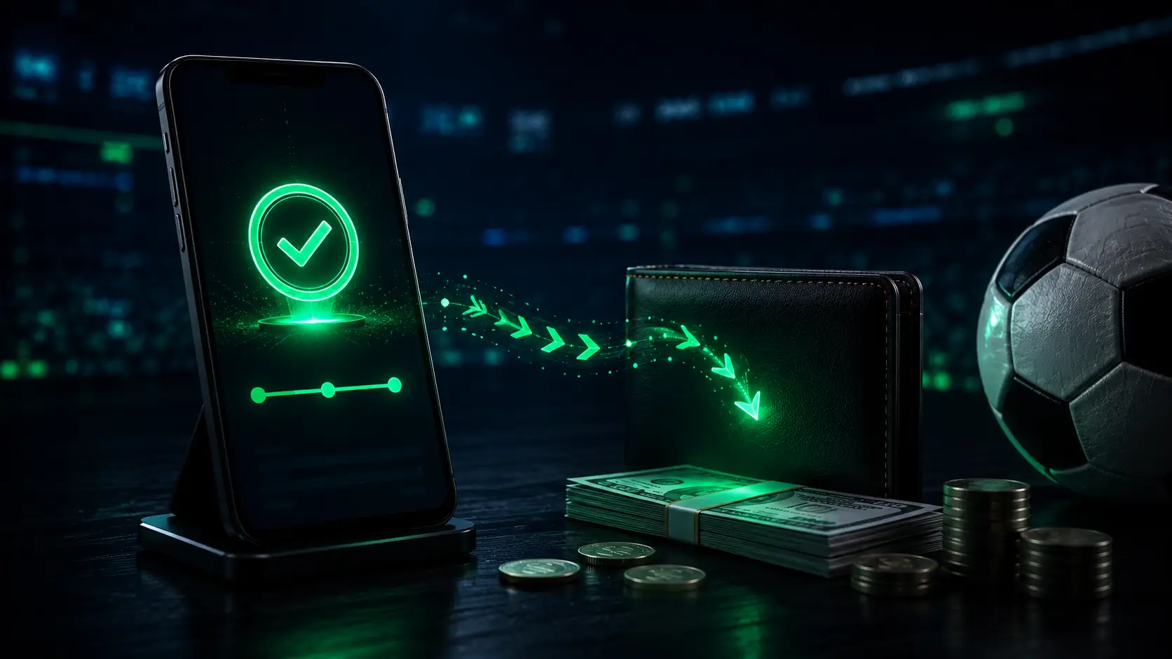 Phone showing a confirmed withdrawal beside a wallet and cash — withdrawing winnings