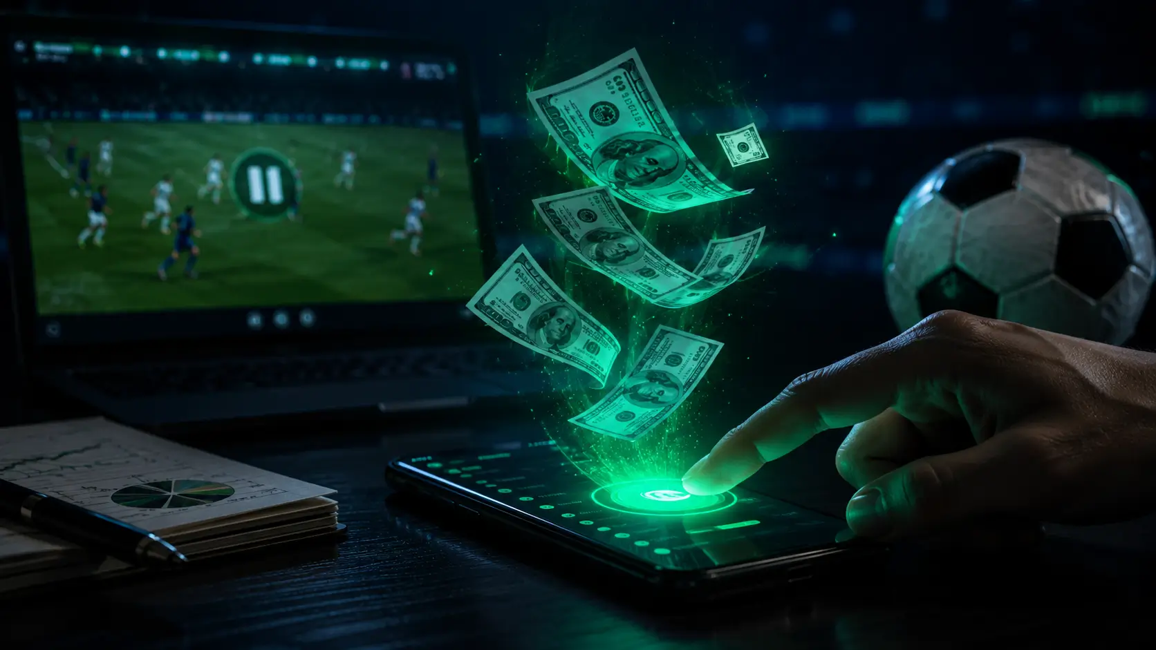 Hand tapping a betting app as cash flies out — cash out explained